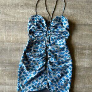 RACHEL COMEY 100% Silk Ruched Mini Dress sz S Snap Front Spaghetti Strap Event